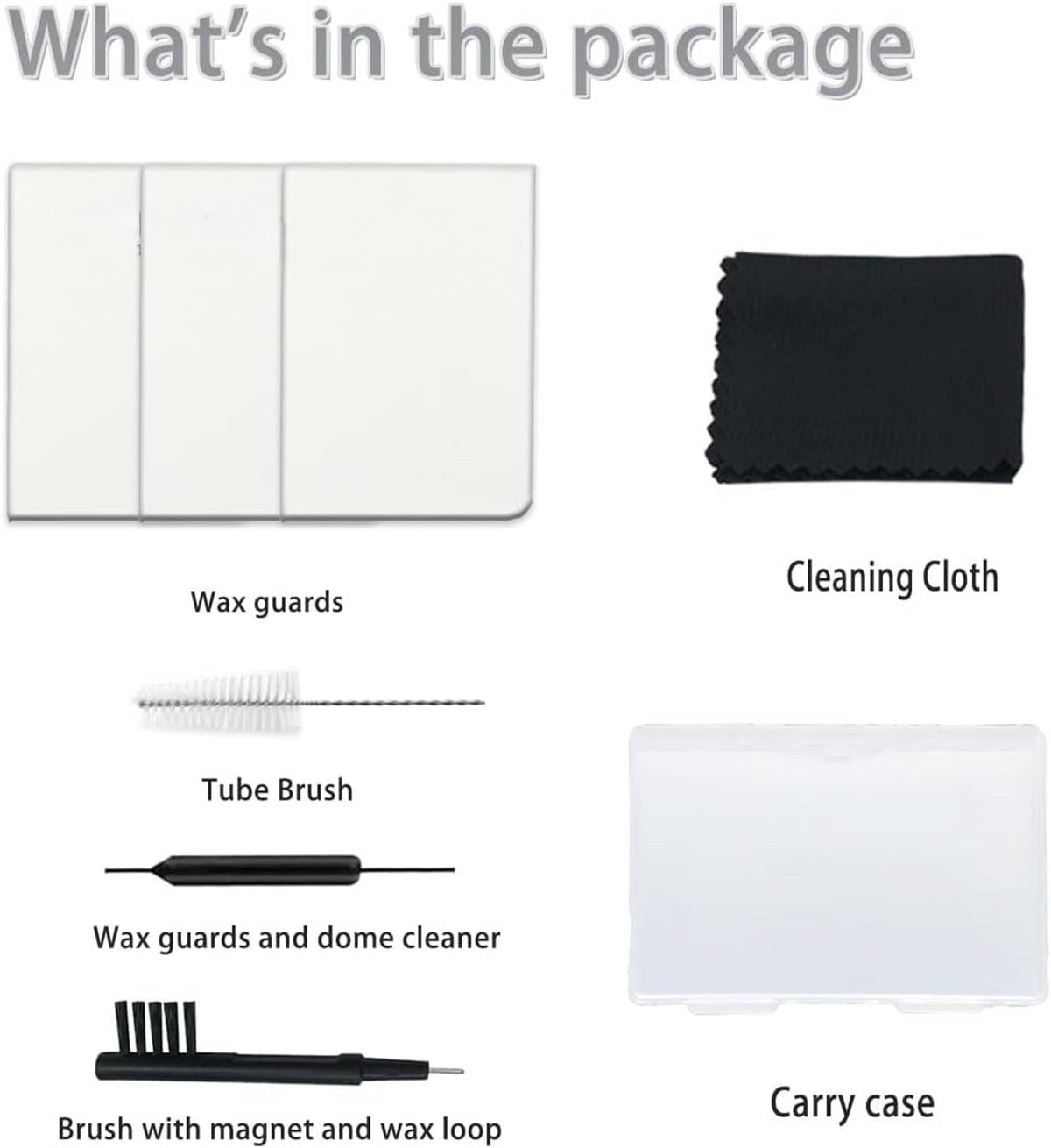 Wax guards bundle with tube brush, wax loop cleaner, cleaning cloth, and carry case
