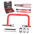 Valve spring compressor tool set with red C-clamp and seal plier, in gray case