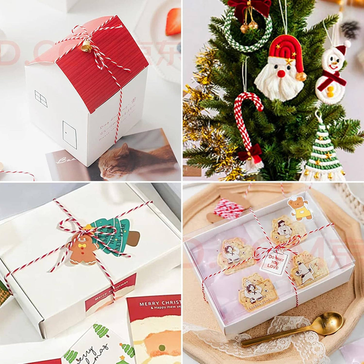 Red and white twine tied on Christmas gifts and ornaments