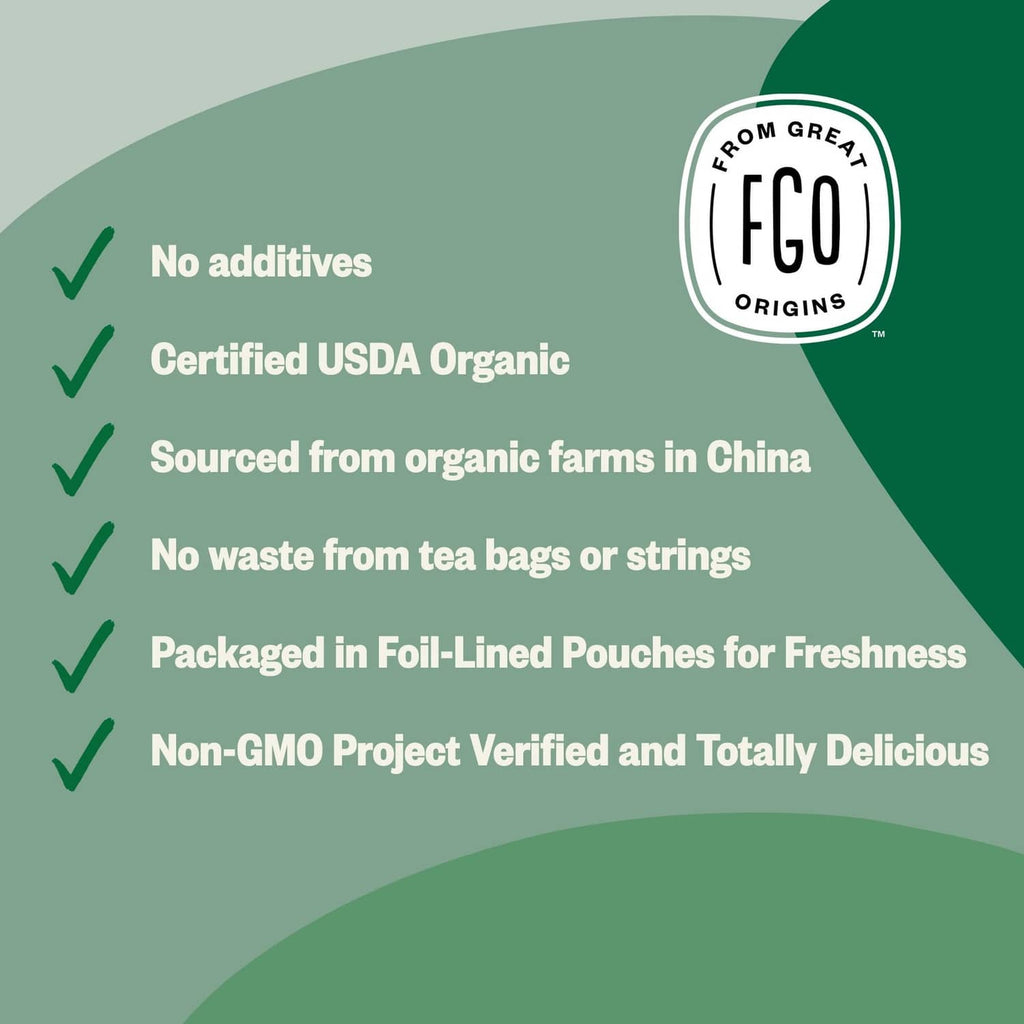 Organic jasmine green tea pouch with USDA organic and non-GMO checklist icons