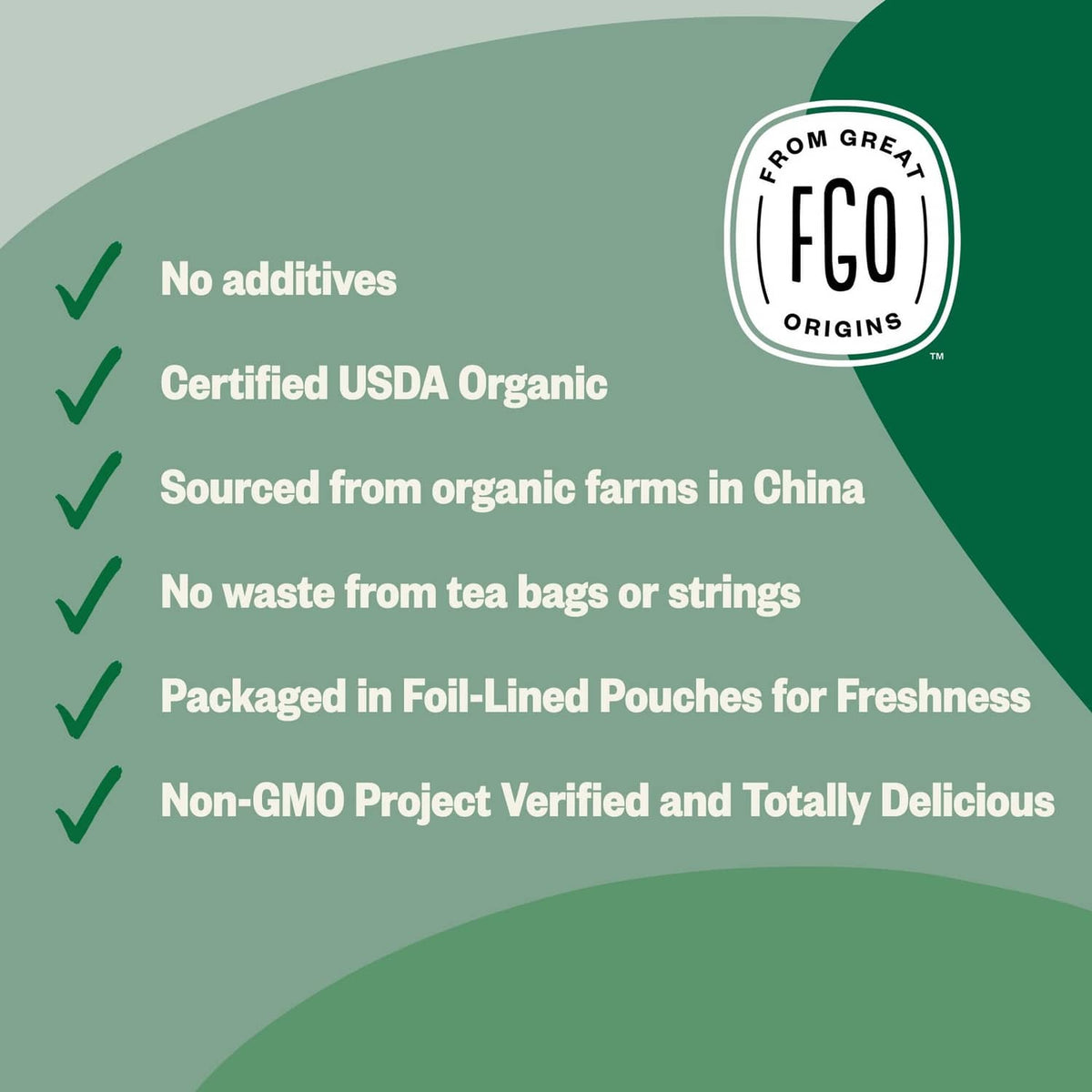 Organic jasmine green tea pouch with USDA organic and non-GMO checklist icons
