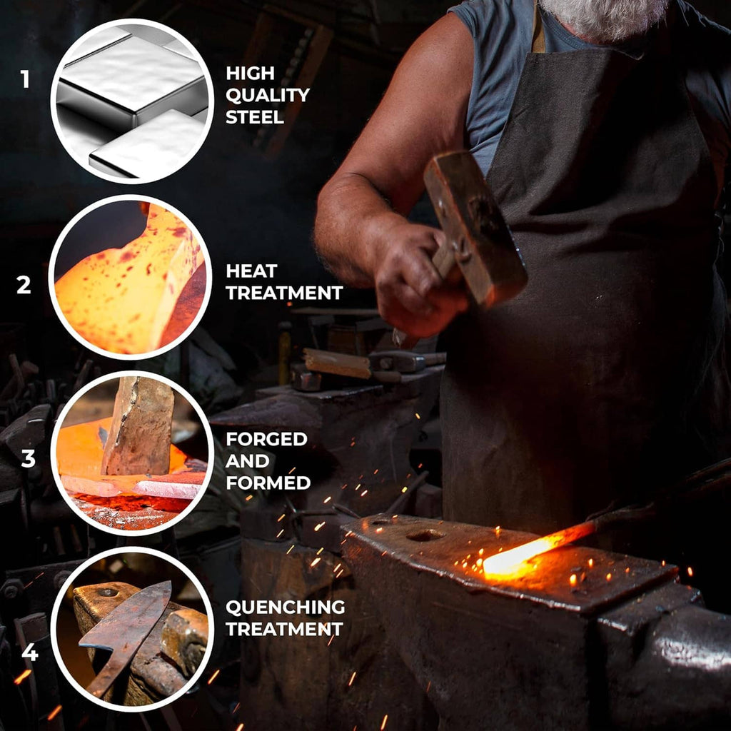 Forging and heat-treatment process for a steel knife blade in a workshop