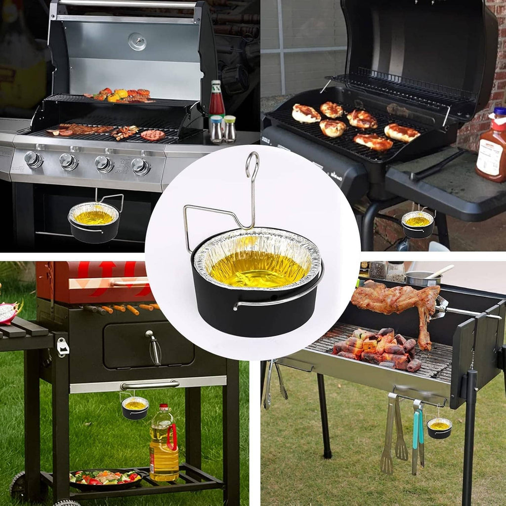 Grease cup holder with foil liner displayed with gas grills and food cooking