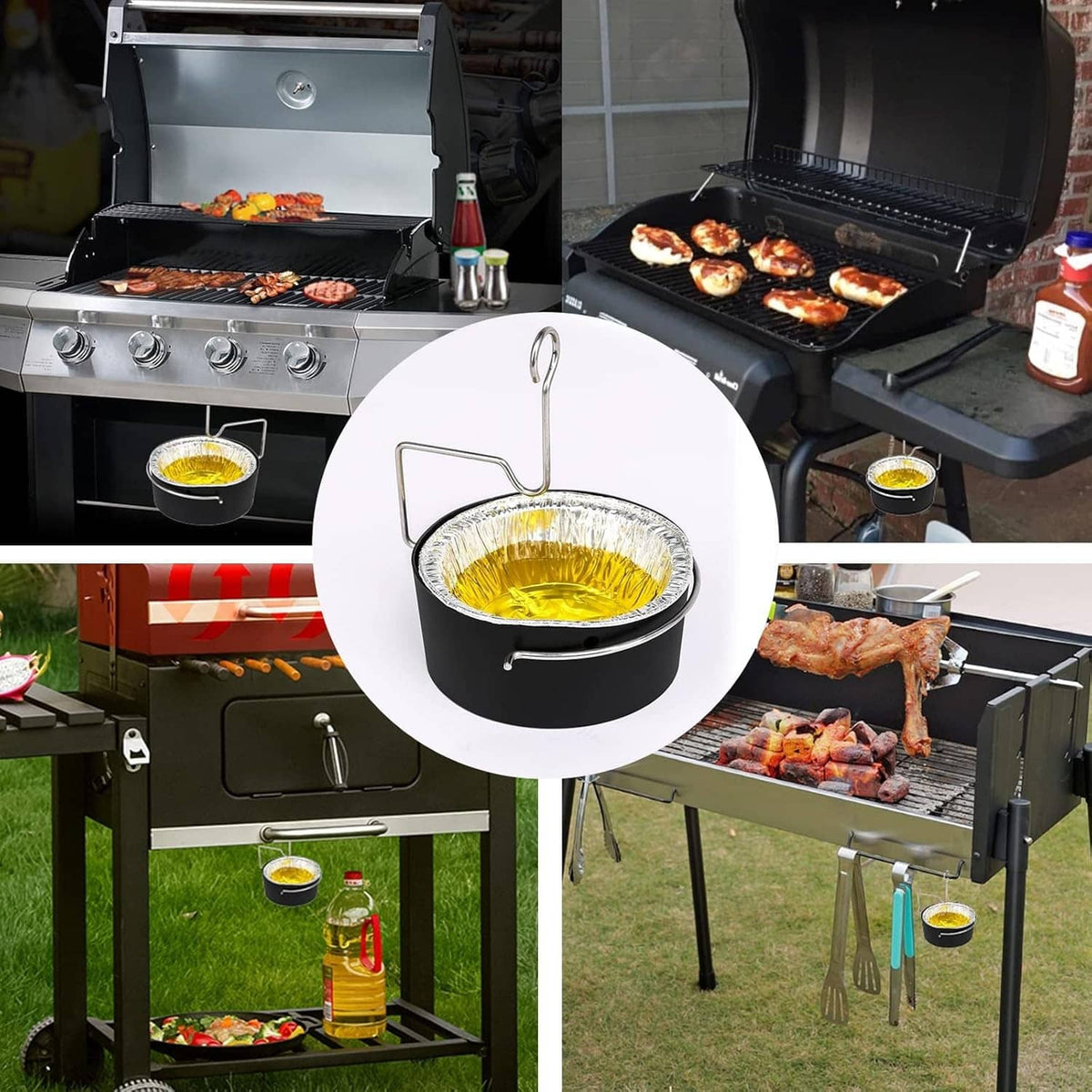 Grease cup holder with foil liner displayed with gas grills and food cooking