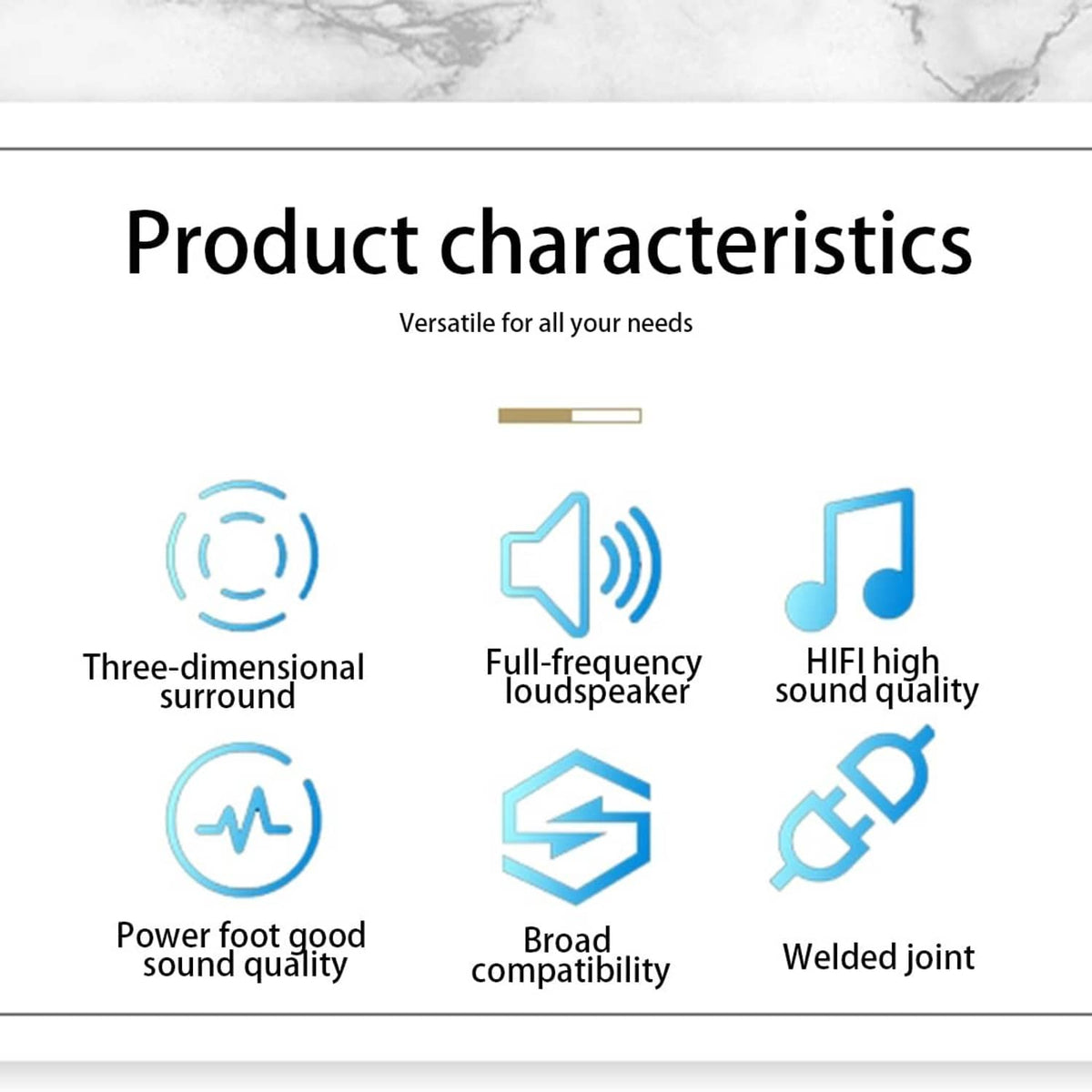Small full-range speaker drivers shown with feature icons on a product chart