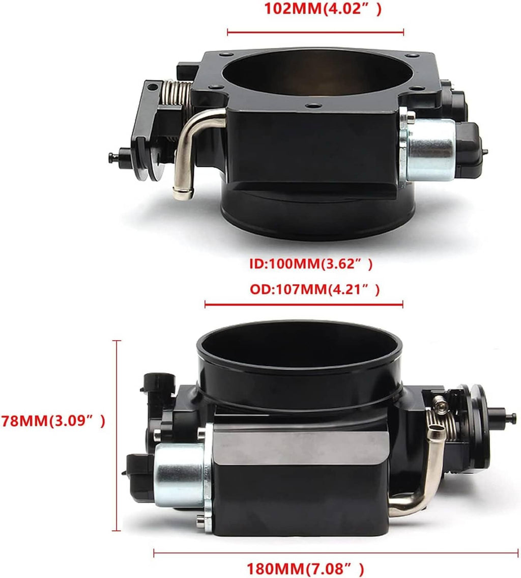 102mm throttle body dimensions diagram with black housing and aluminum end fittings