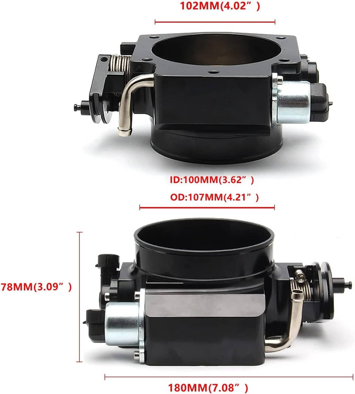 102mm throttle body dimensions diagram with black housing and aluminum end fittings