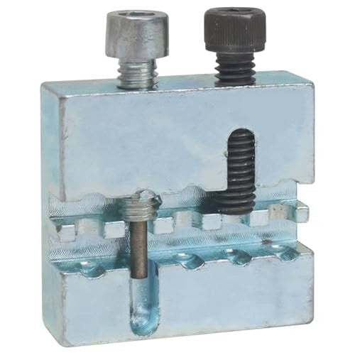 Manual chain breaker tool with blue metal body and black and silver threaded knobs