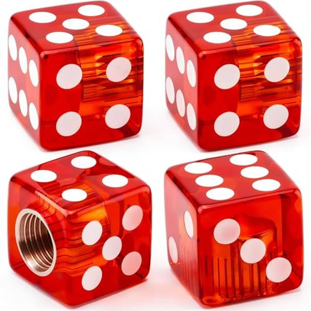 Red dice-shaped valve stem caps set with white dots, showing multiple sides and threaded tip