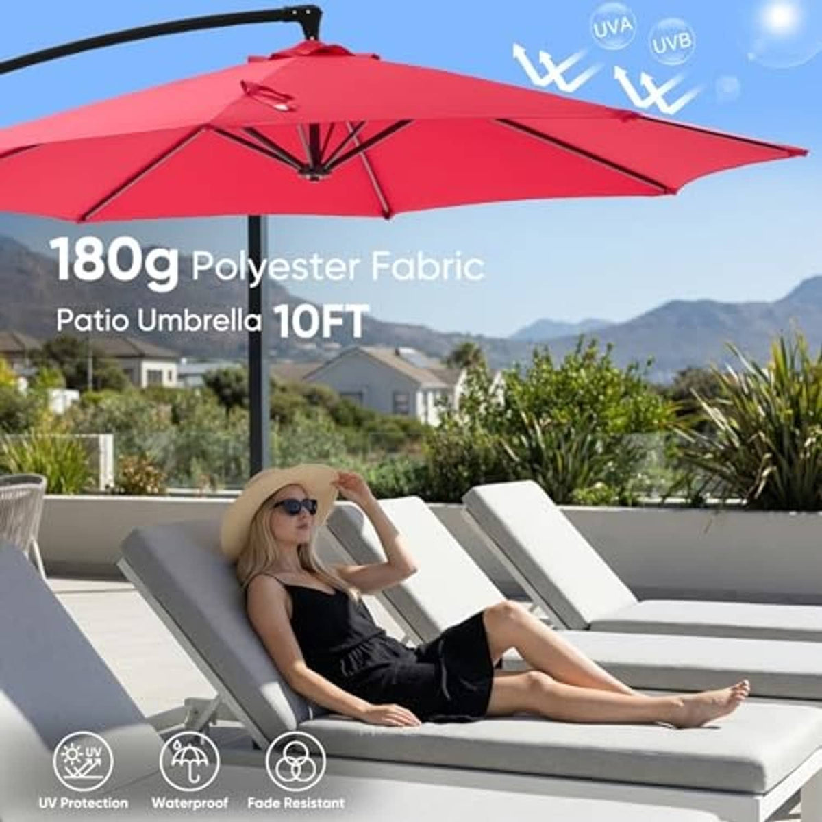 Bright red patio umbrella with open canopy and UV-protection fabric panel