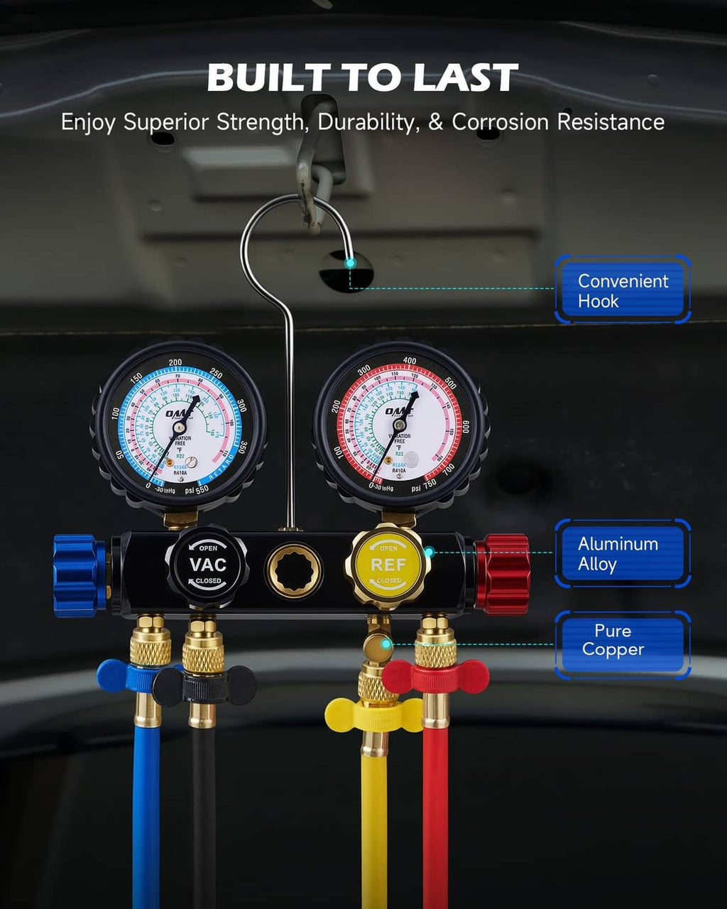 AC manifold gauge set with VAC and REF gauges, brass valves, and service connectors