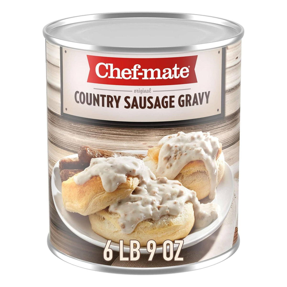 Chef-mate Country Sausage Gravy 6 lb 9 oz can with biscuit bites and cream gravy on label