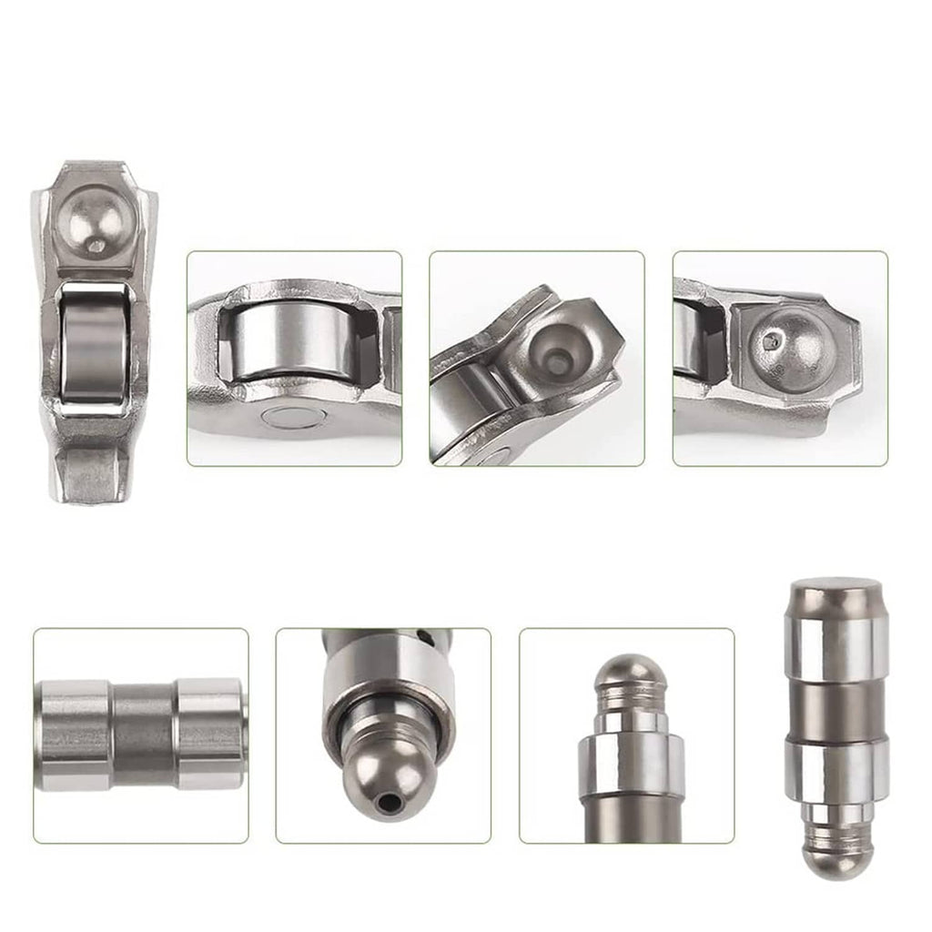 Rocker arm and valve lifter kit components, silver parts in multiple views
