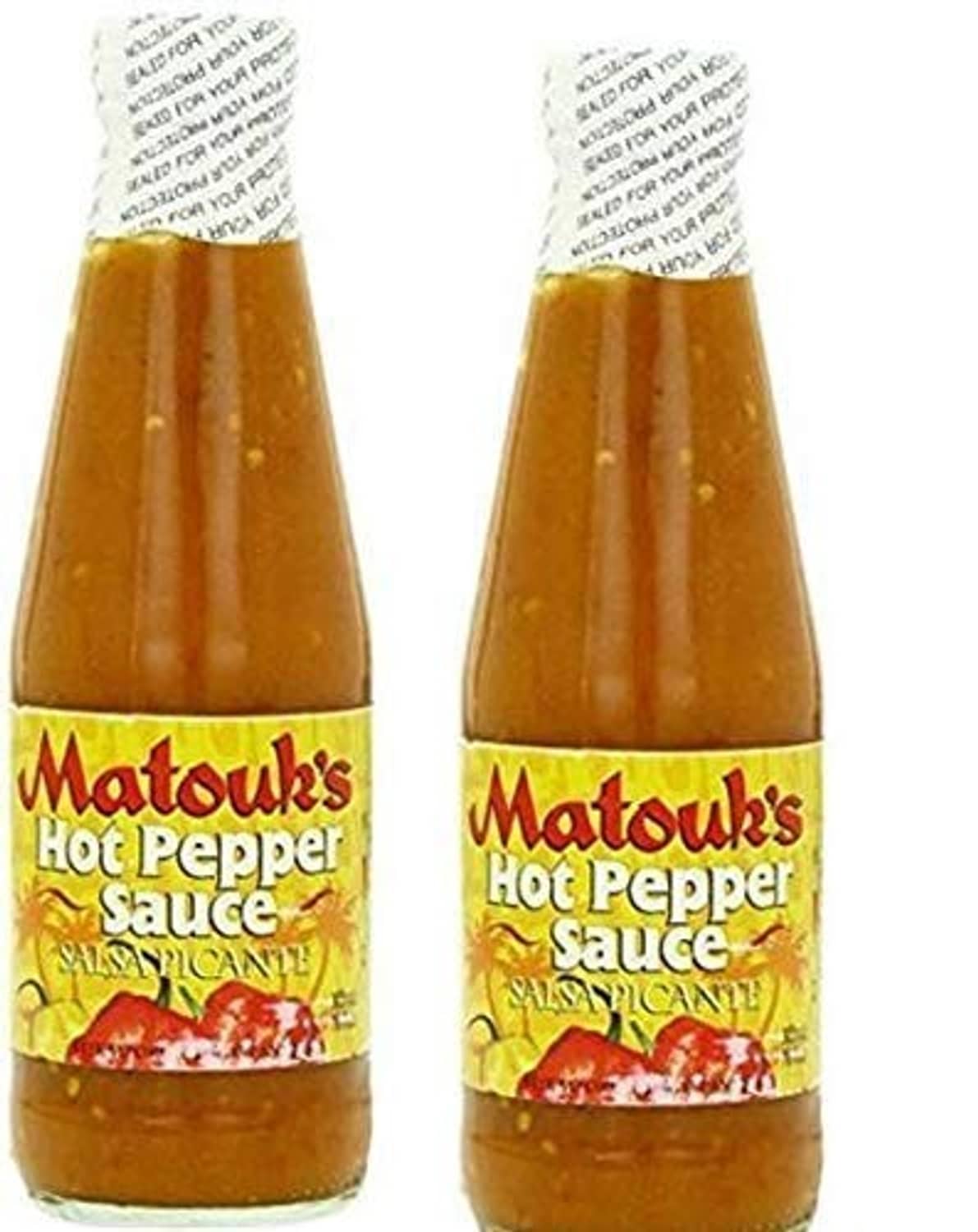 Matouk's Hot Pepper Sauce 2-pack, amber sauce in glass bottles with labels