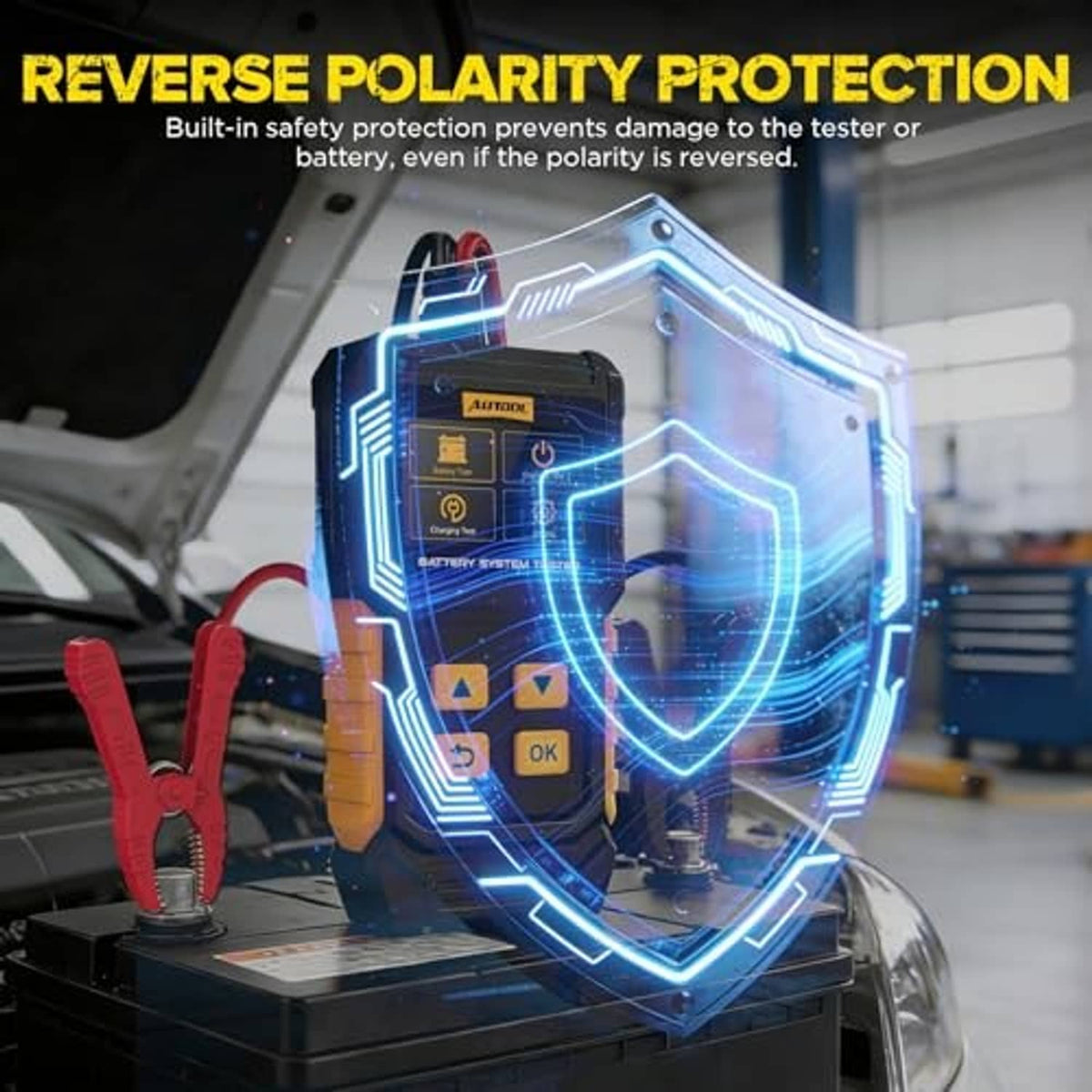 Battery tester with red and black clamps and blue reverse-polarity protection graphic