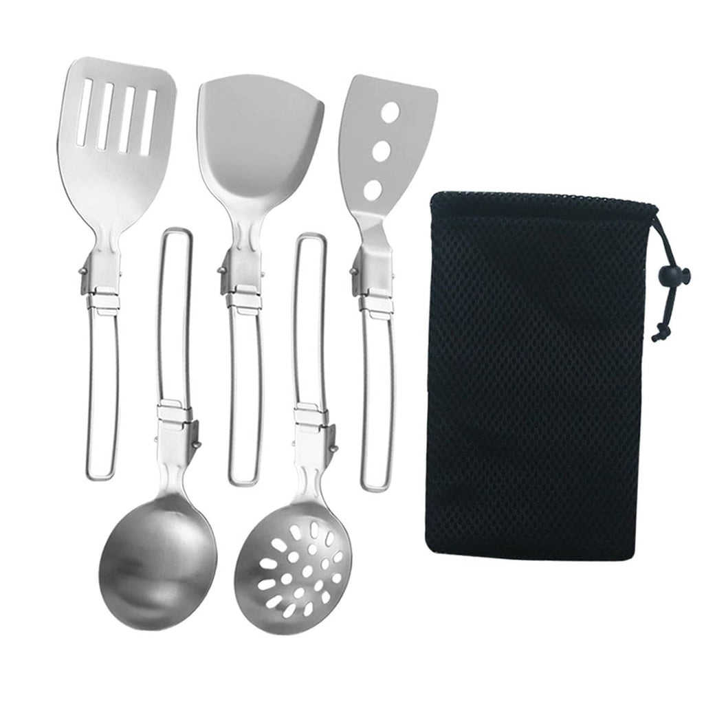 Silver six-piece camp cooking utensil set with black storage pouch