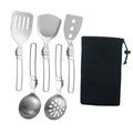 Silver six-piece camp cooking utensil set with black storage pouch