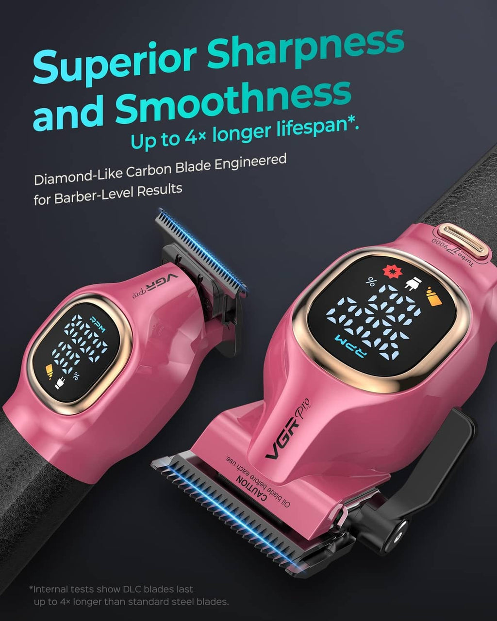 Pink professional hair clipper with close-up blades and dual-tone display screen