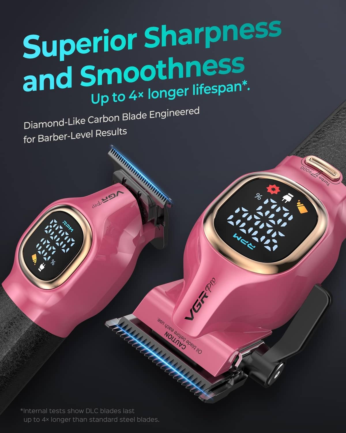 Pink professional hair clipper with close-up blades and dual-tone display screen
