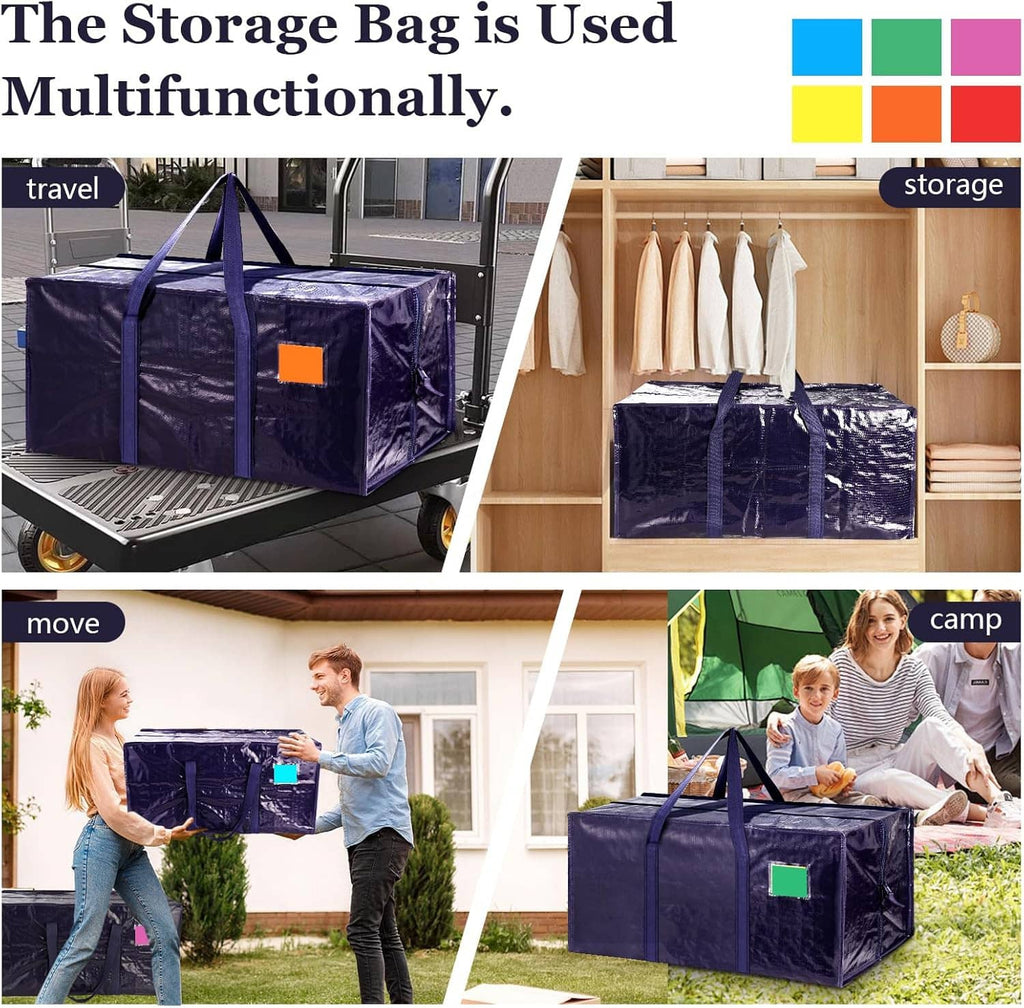Blue moving and storage bags with carry handles, shown in multiple use settings