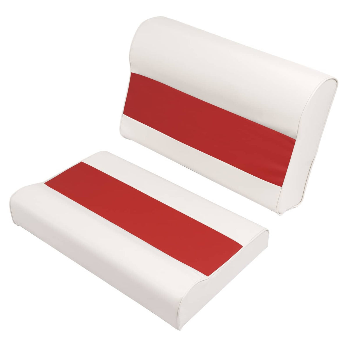 Boat pontoon bench seat cushion set, white with red stripe on back and bottom