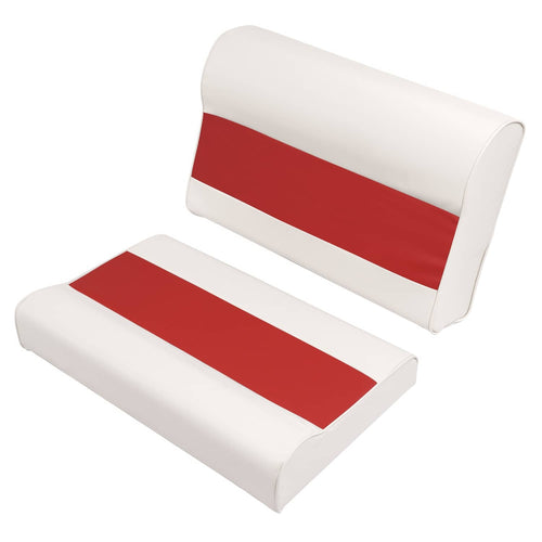 Boat pontoon bench seat cushion set, white with red stripe on back and bottom
