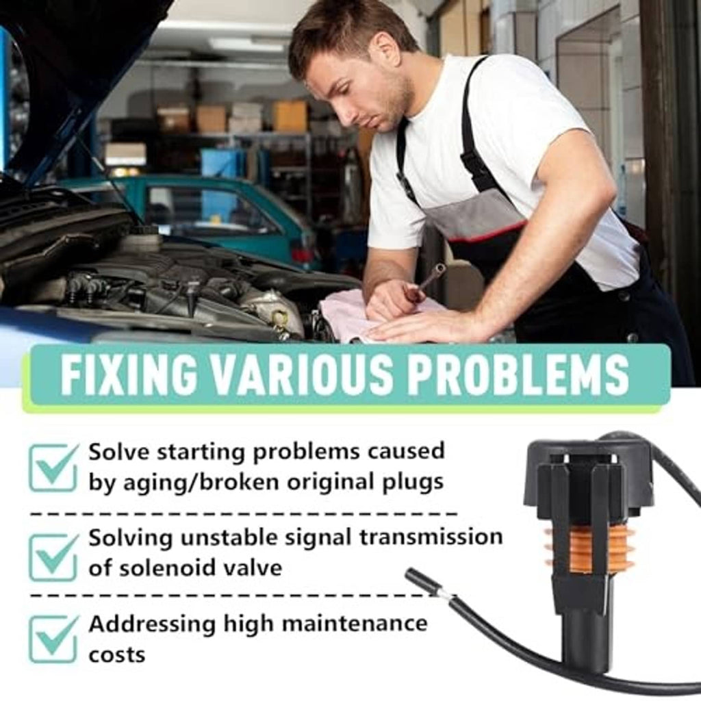 Starter motor wire connector pigtail with black housing and orange coil, attached cable