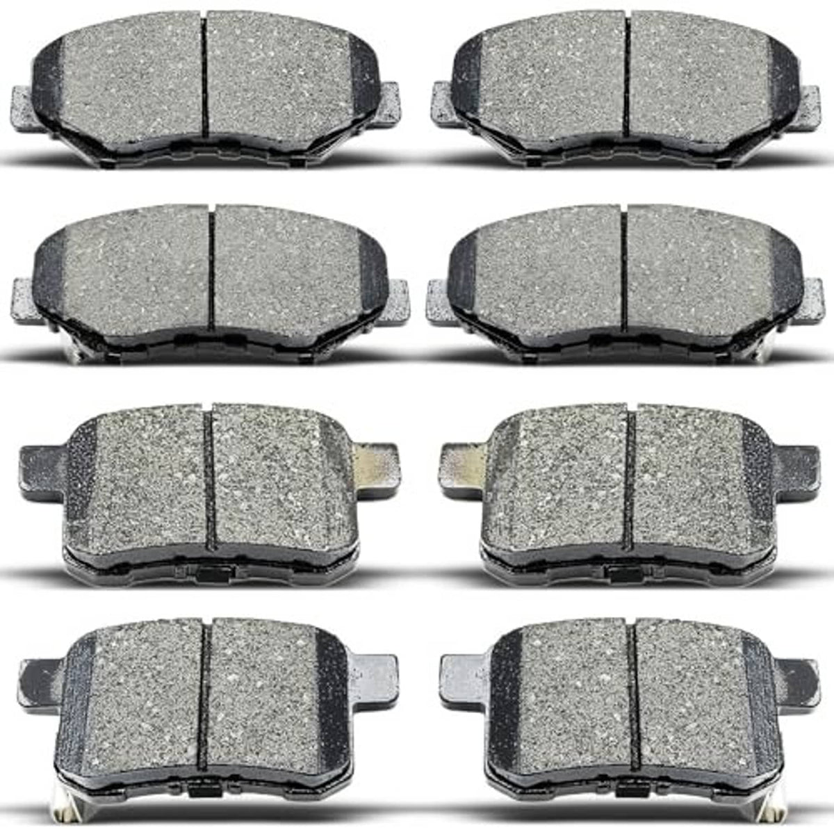 Multi-pack gray ceramic brake pads with black backing plates, front and rear style