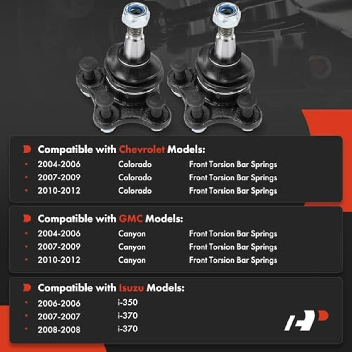 Front upper ball joints, two-piece set shown from front with black rubber boots