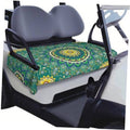Green 2-seat golf cart seat cover blanket with round mandala print laid across bench