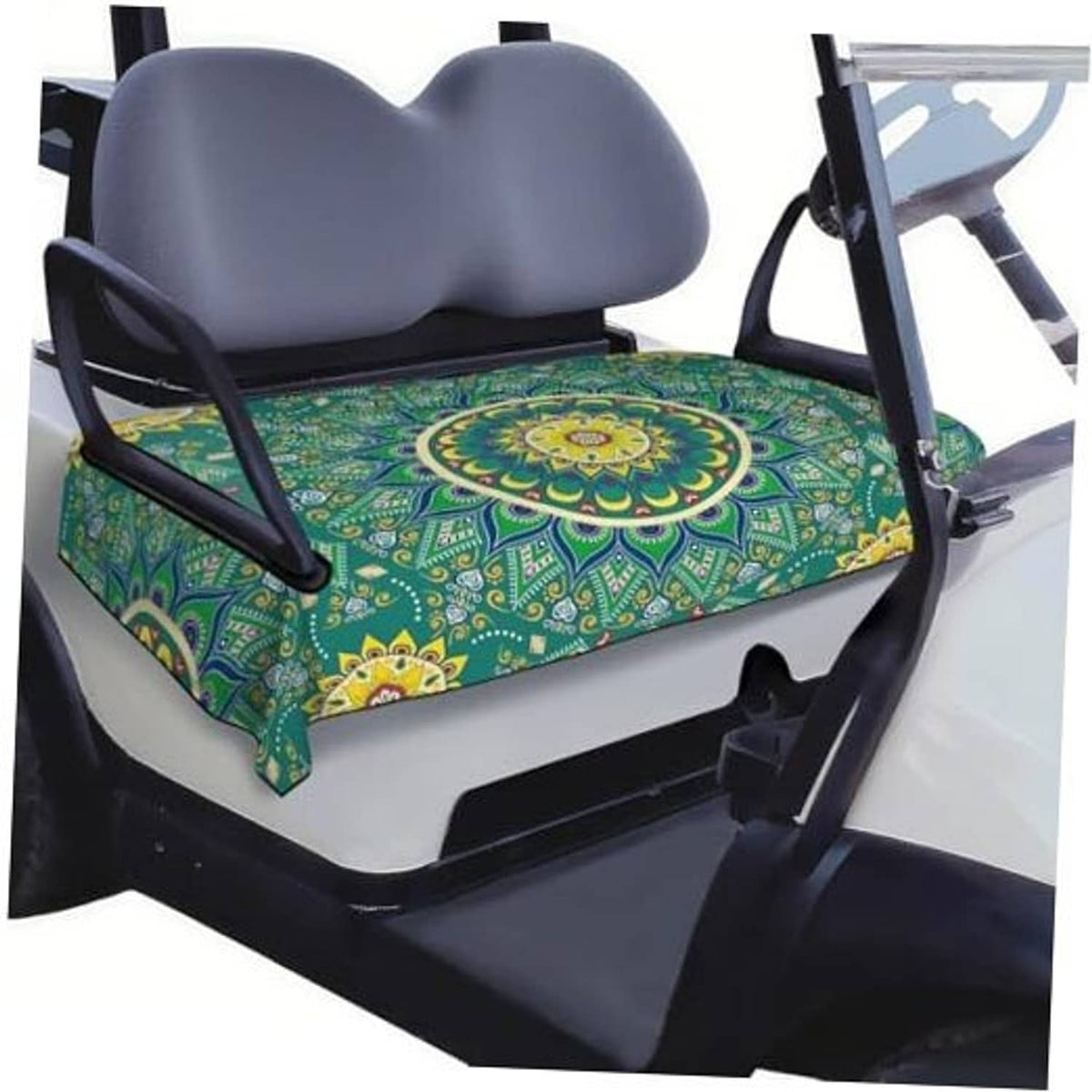 Green 2-seat golf cart seat cover blanket with round mandala print laid across bench