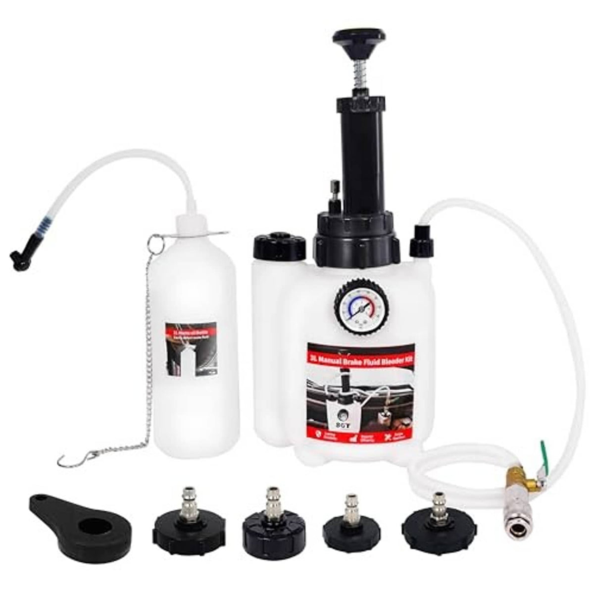Brake bleeder kit with manual pump, reservoir bottle, hoses, gauge, and adapter fittings