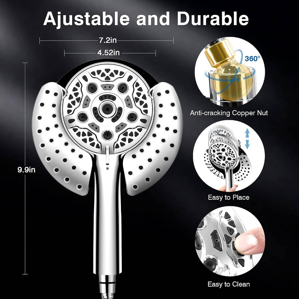 Chrome round rain shower head with perforated nozzles and anti-cracking copper nut