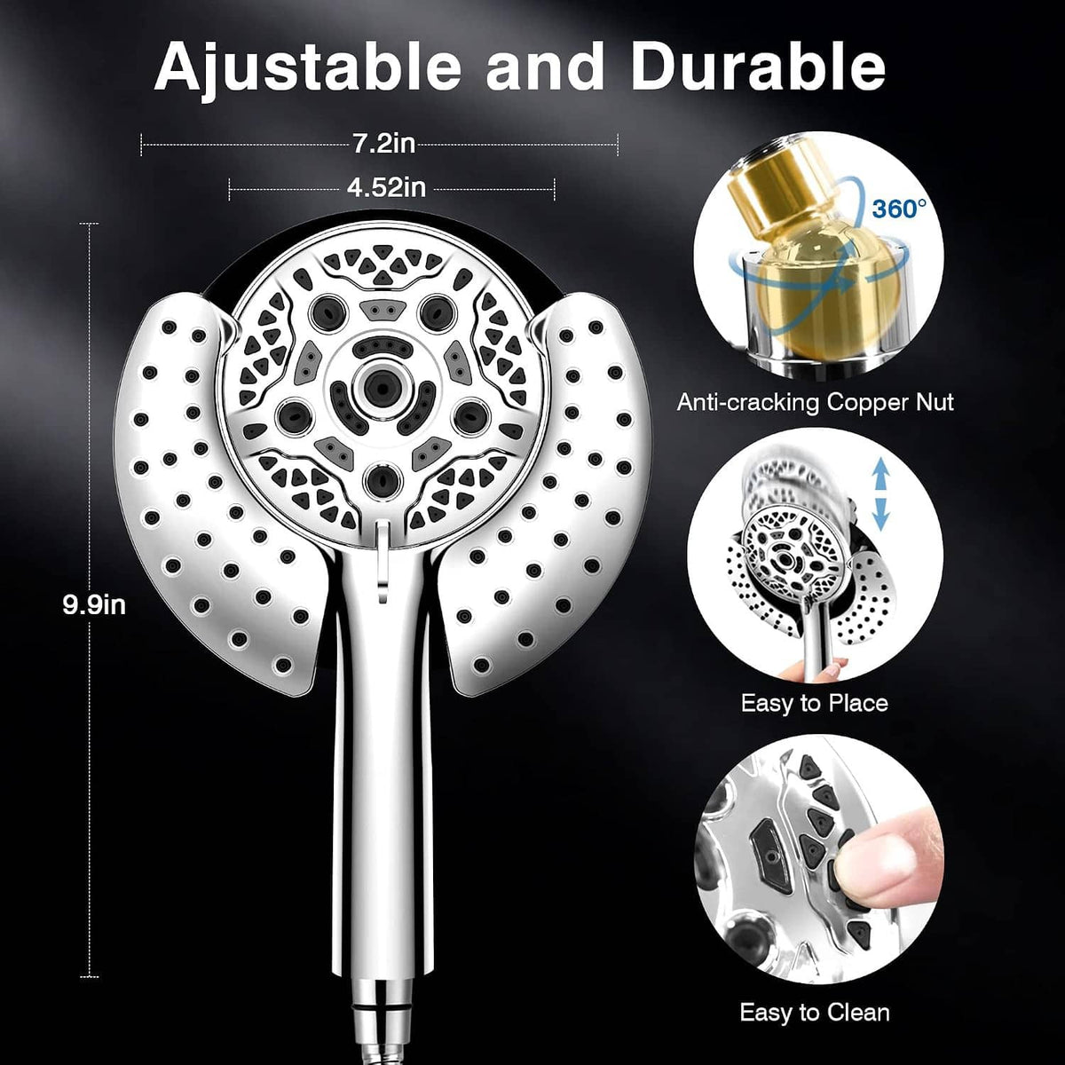 Chrome round rain shower head with perforated nozzles and anti-cracking copper nut