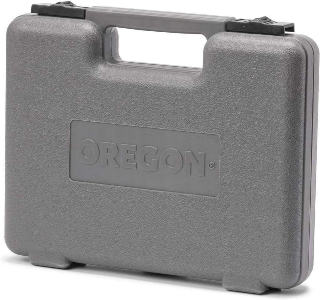 Gray hard case for chainsaw chain sharpening kit with Oregon logo on front
