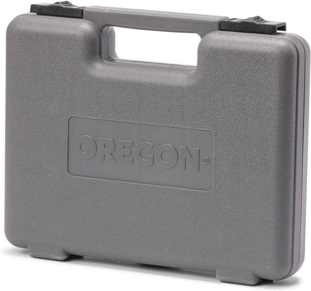 Gray hard case for chainsaw chain sharpening kit with Oregon logo on front