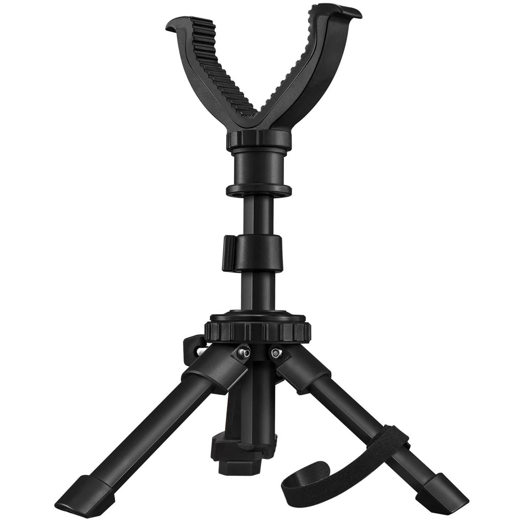 Black shooting tripod with V yoke rest and three locking legs