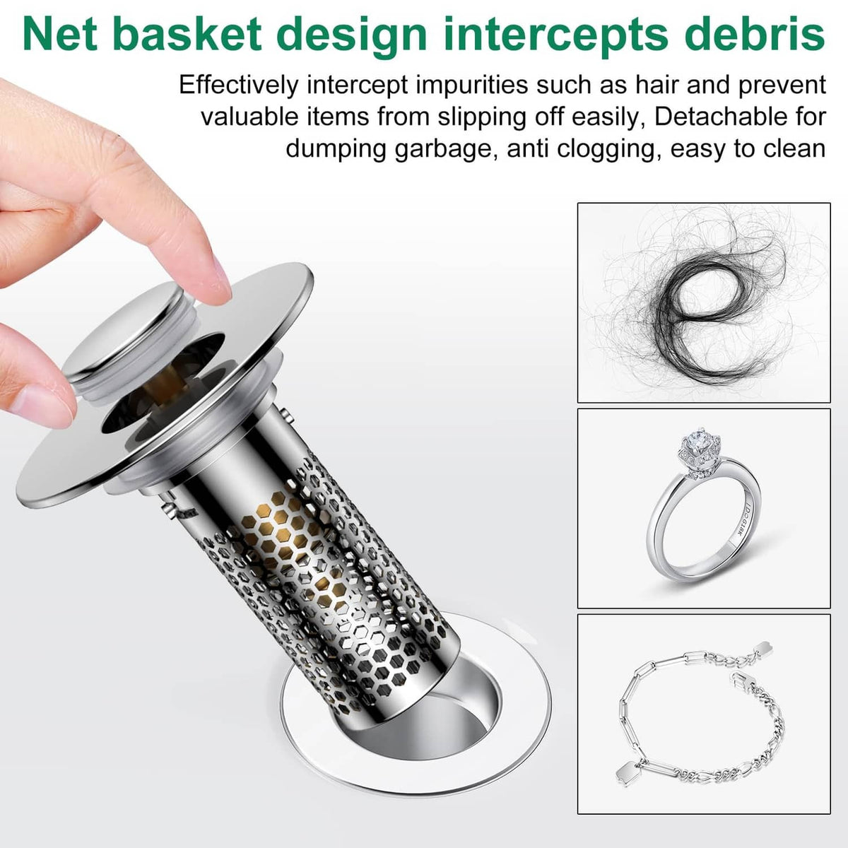 Bathroom sink drain strainer basket with perforations to catch hair and debris