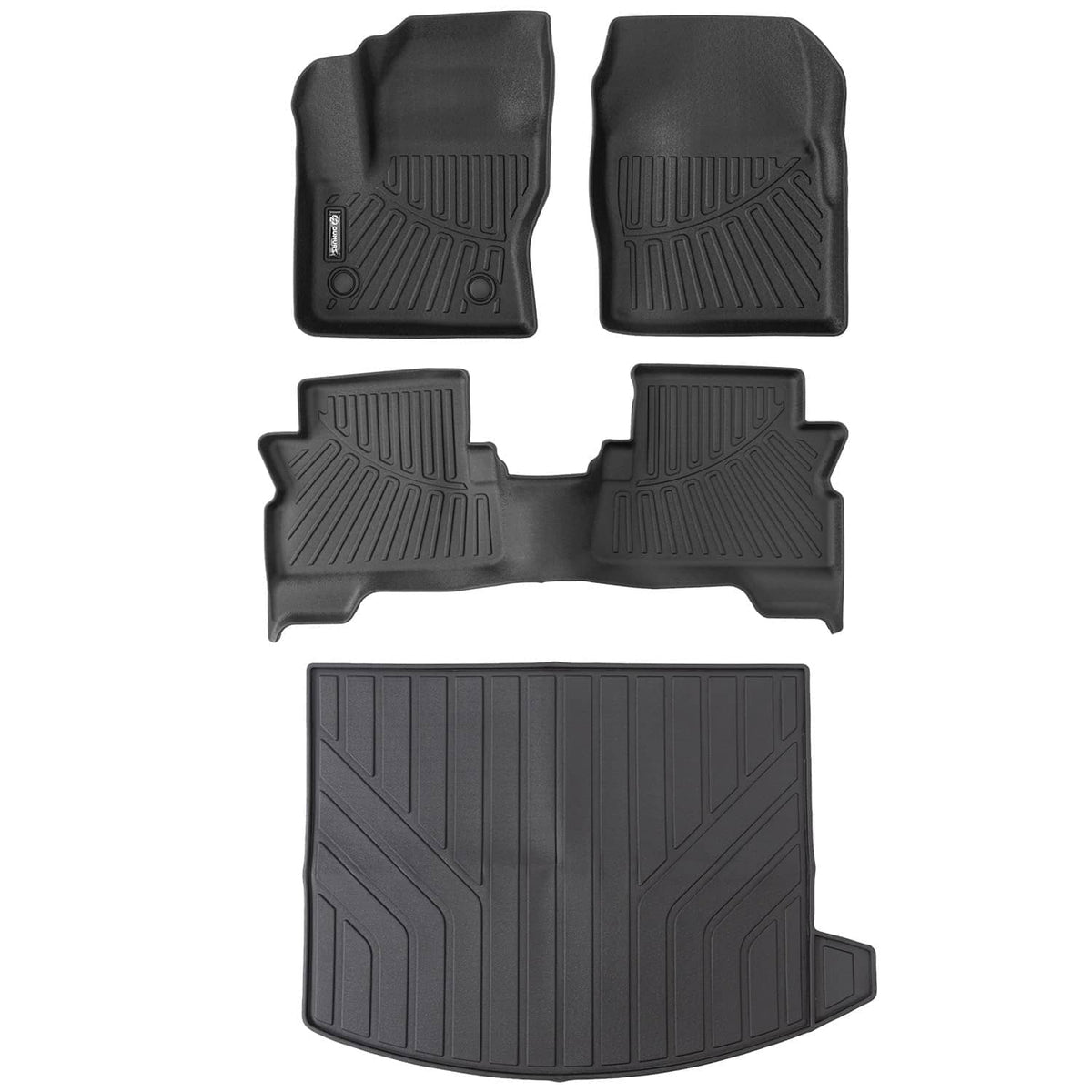 Black all-weather TPE floor mats and cargo liner with raised channels and ridges