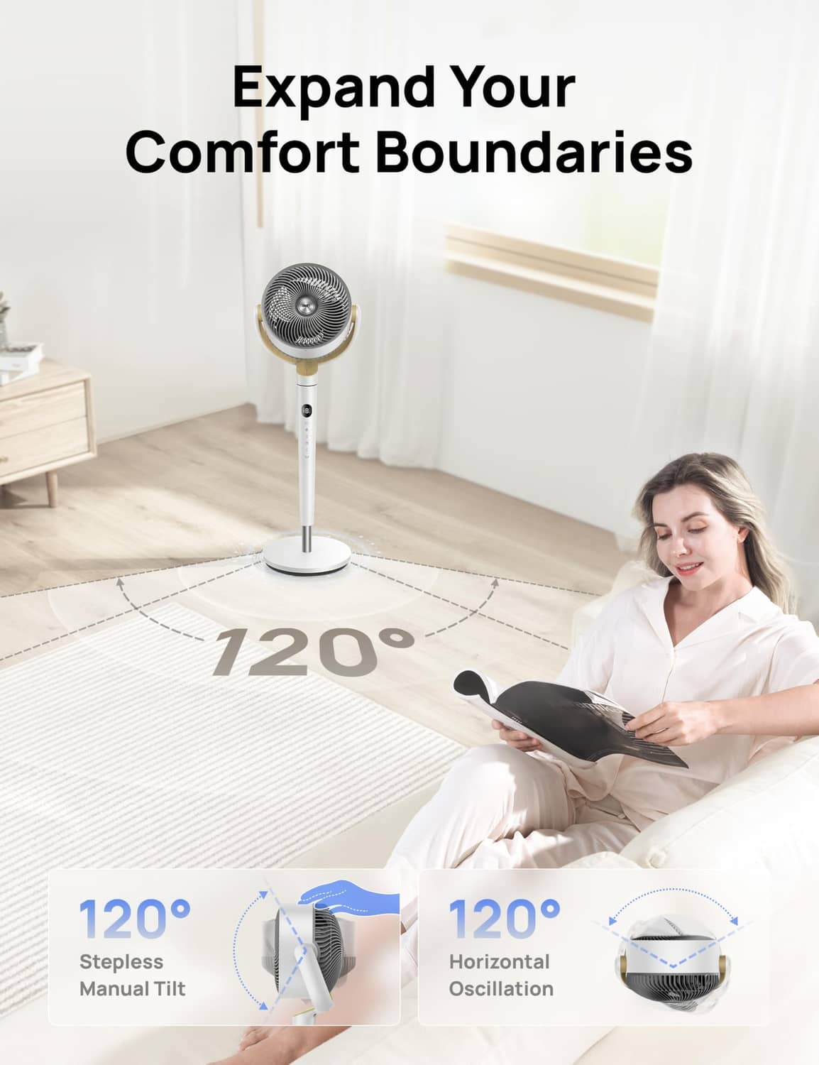 White standing fan with oscillating head and pedestal base.