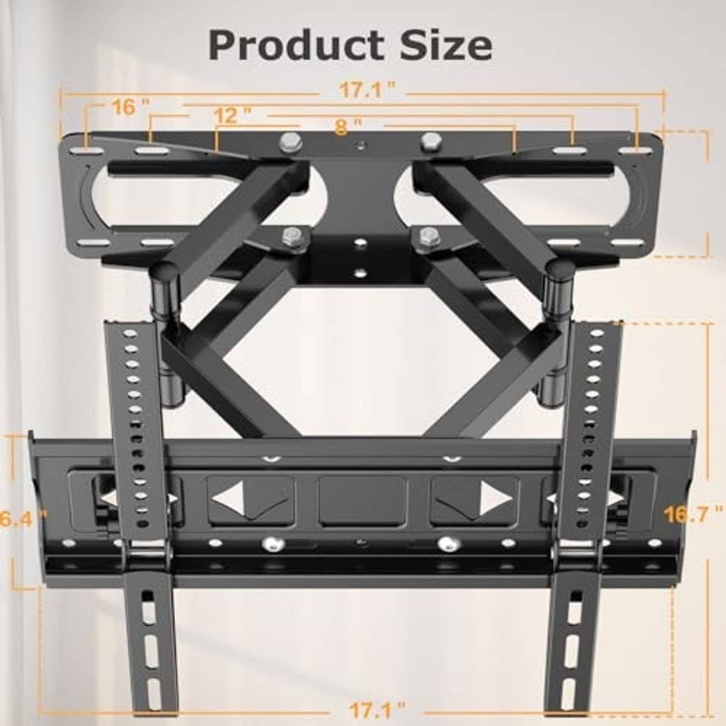 Black full-motion TV wall mount with metal frame and VESA mounting holes