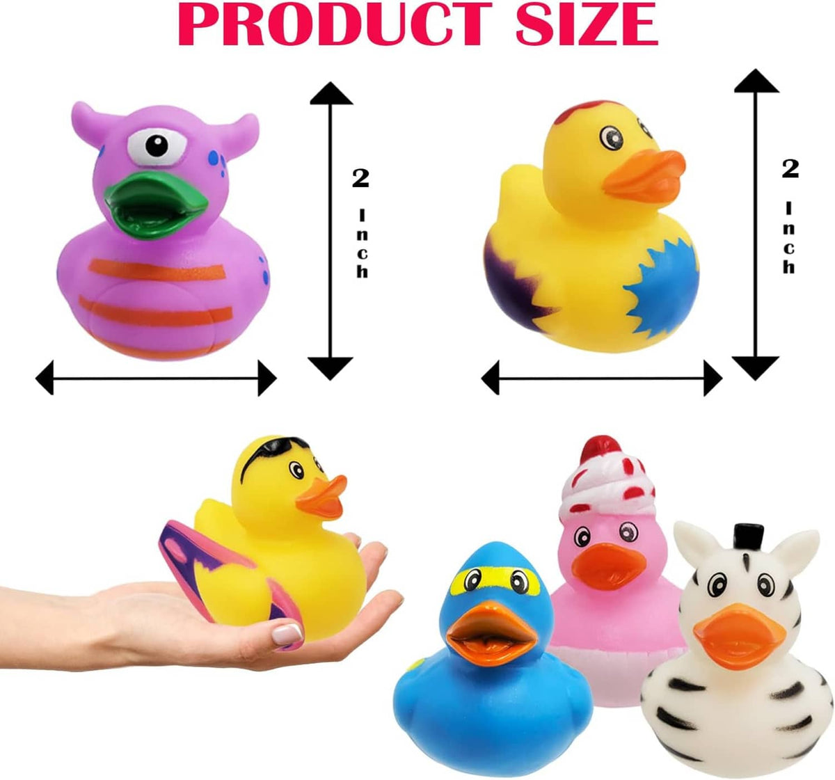 Assorted rubber ducks size chart, purple and yellow duck figures with height measurements