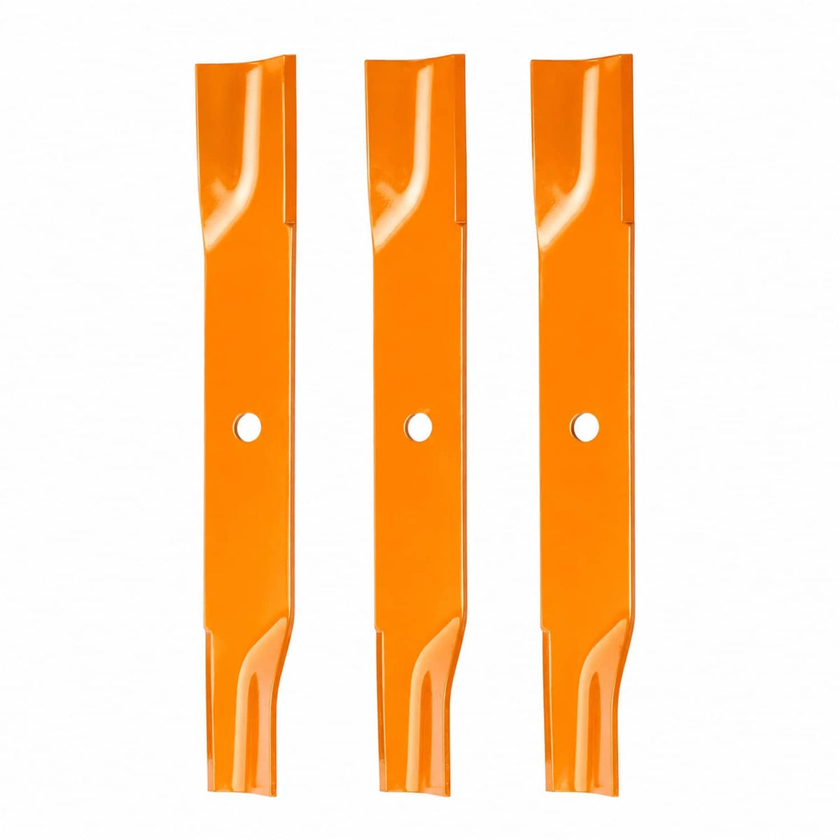 Three orange mower blades with mounting holes, tall straight blade profiles