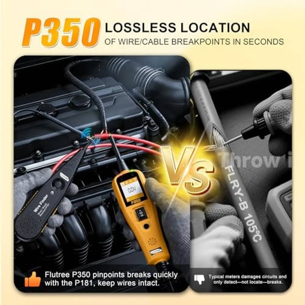 Power circuit probe tester comparing readings, with yellow meter and pen-style probes
