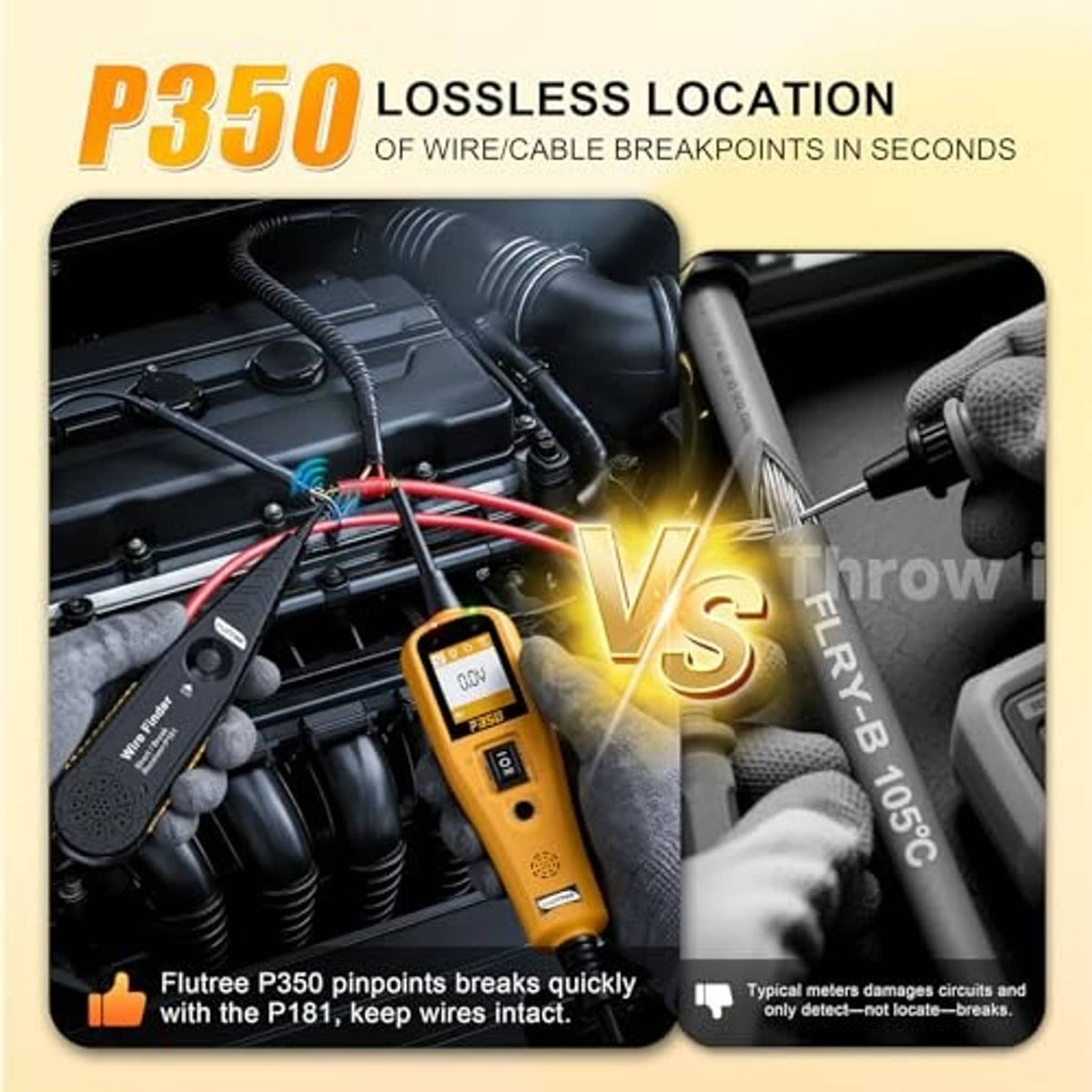 Power circuit probe tester comparing readings, with yellow meter and pen-style probes