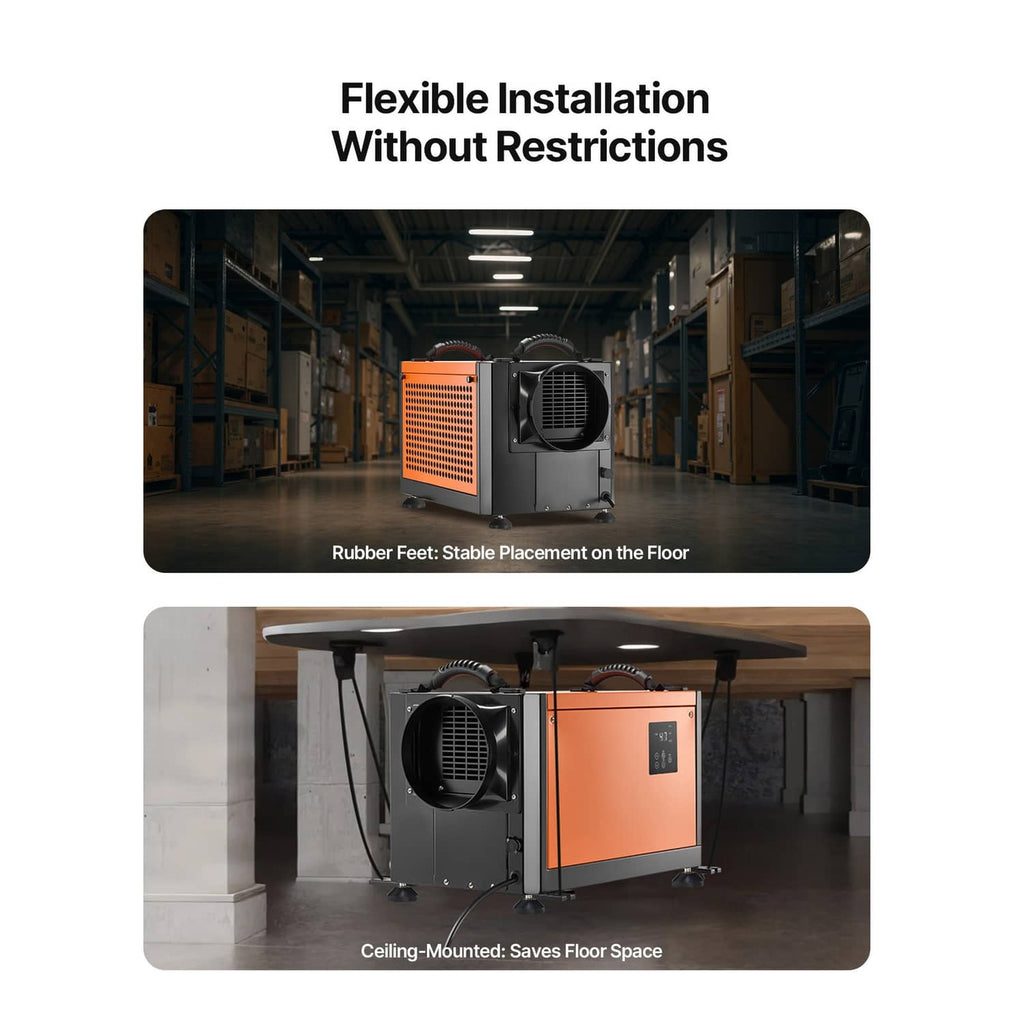 Commercial dehumidifier with orange front panel and black fan grille, ceiling or floor setup