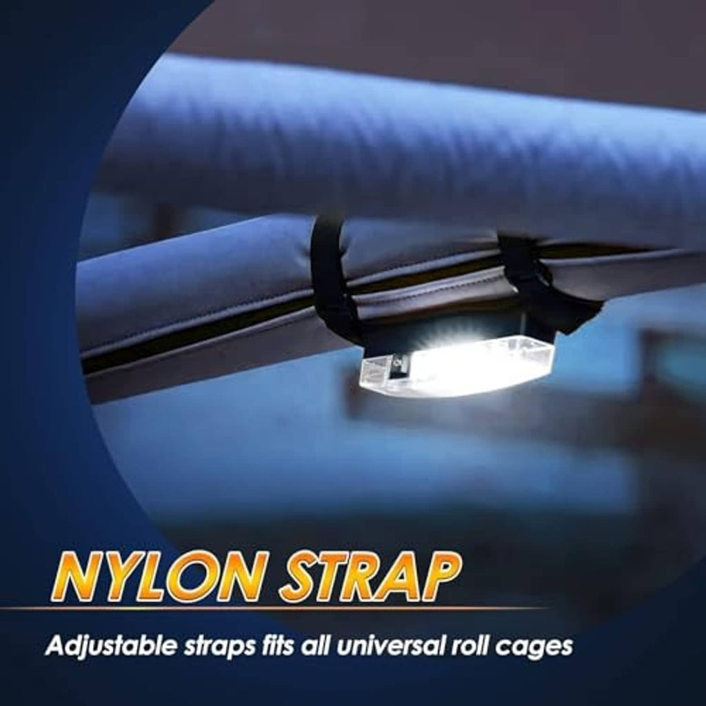 LED dome light mounted under a roll bar with adjustable nylon strap; white light on
