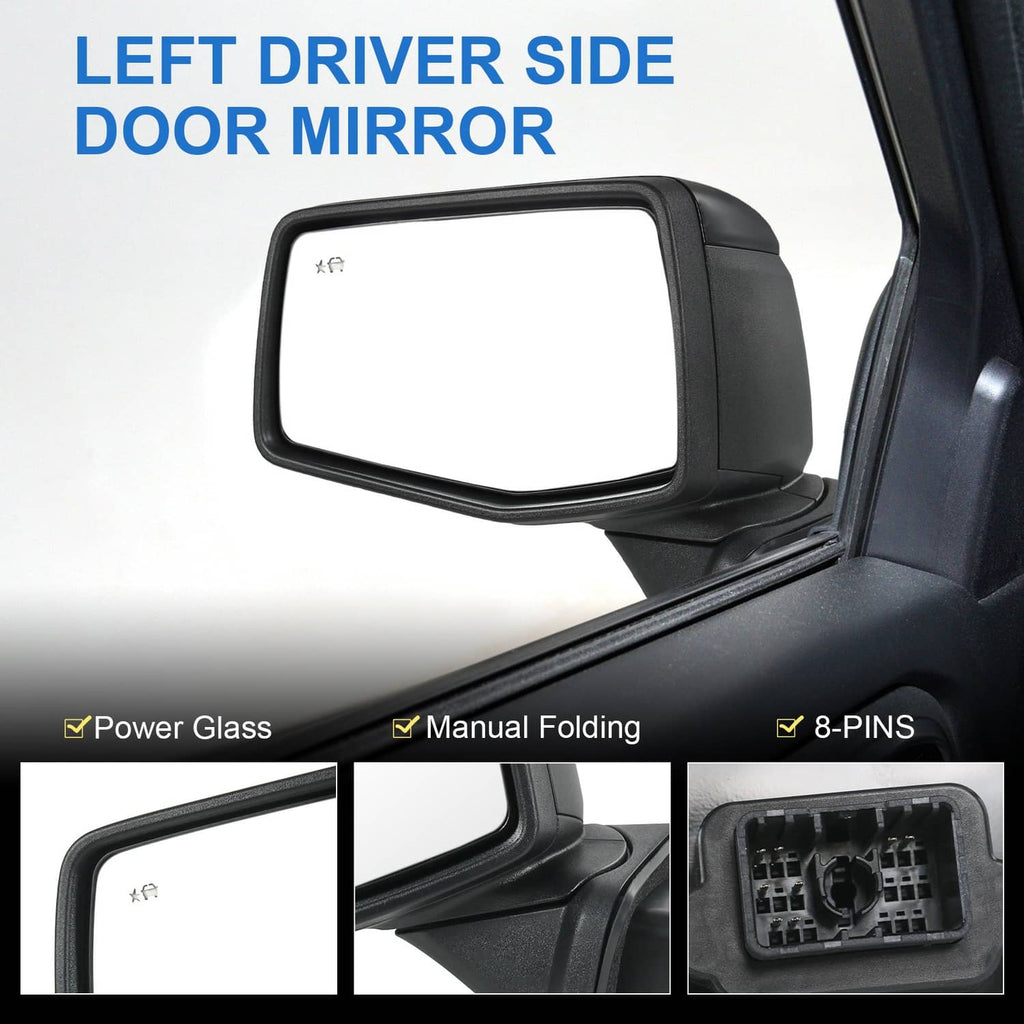 Black left driver-side mirror with power glass and manual folding