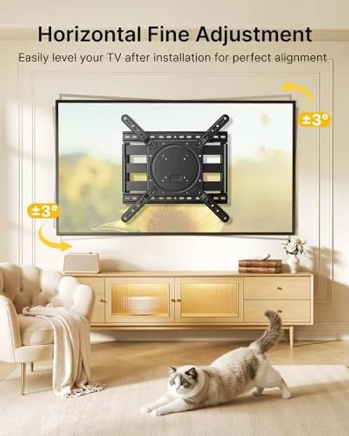 Black TV wall mount with horizontal leveling adjustment after installation
