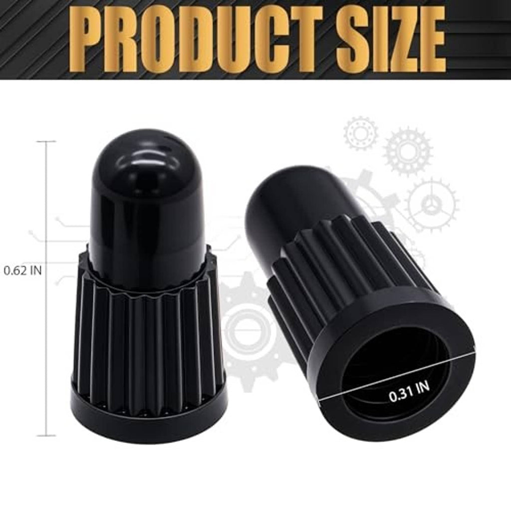 Black Presta bike valve caps, ribbed plastic tops with dust covers